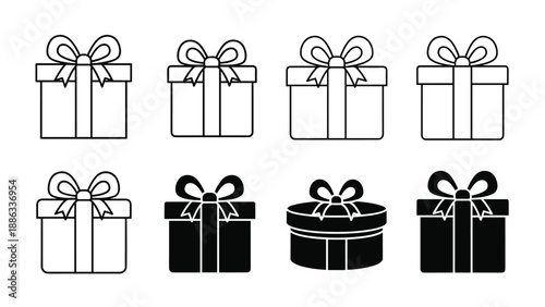 Collection of various gift box icons in different shapes and styles including outline and solid black designs.