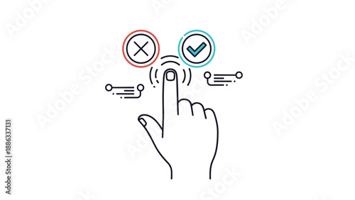 Human hand clicking digital button with green check mark and red cross sign for choice selection concept on white background.
