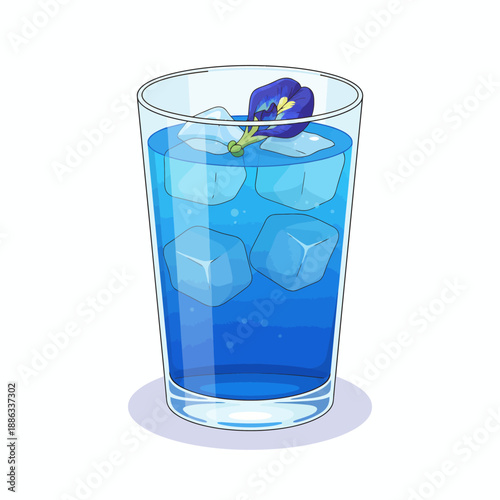 Vector illustration of refreshing butterfly pea iced tea with blue-purple color, flowers, and ice cubes.