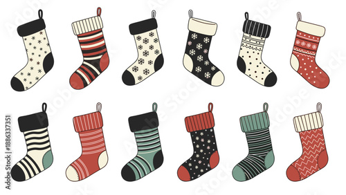 Collection of various colorful patterned christmas stockings for holiday mantel decoration and winter festive gift design.