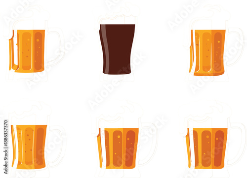 Beer mugs and glasses vector set with cold lager and dark beer with foam isolated on grey background
