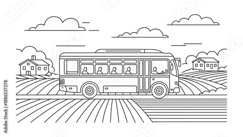 Rolling through the Countryside: A bus travels across a rural landscape, framed by fields, homes, and clouds, a seamless line-art illustration.