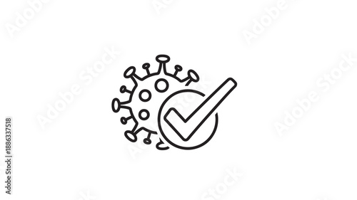 a black and white icon of a virus with a checkmark high quality professional detailed modern