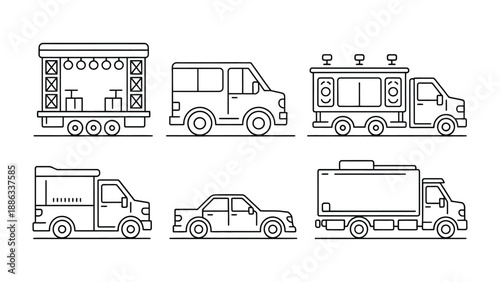 Vehicles and Transports Illustrations: A diverse array of vehicles including a truck, van, and car meticulously illustrated in a clean, minimalist style.