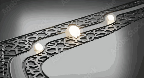 Abstract metallic pathway with glowing orbs, representing innovation, progress, and futuristic technology