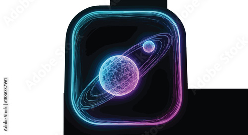 Futuristic glowing neon icon of a ringed planet and moon, representing space exploration, technology, and science.