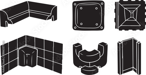 Black and white bathroom tile design elements illustrations set