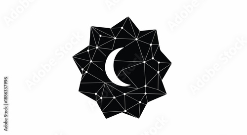 Abstract geometric starburst shape with crescent moon and connecting dots on white background