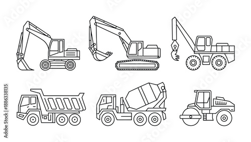 Construction vehicles outline: A collection of various construction vehicles is displayed, each meticulously outlined to show detail, ready to be used in construction sites.