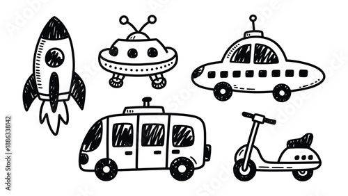 Cute Vehicle Doodle Collection: whimsical collection of hand-drawn vehicles. The set includes a rocket ship, a flying saucer, a car, a van, and a scooter.