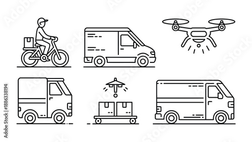 Delivery Vehicles in Transit: A dynamic illustration showcases various methods of goods transportation, from bicycles to vans and even drone.
