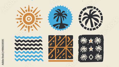 Retro tropical beach logo set with palm trees sun waves and geometric patterns