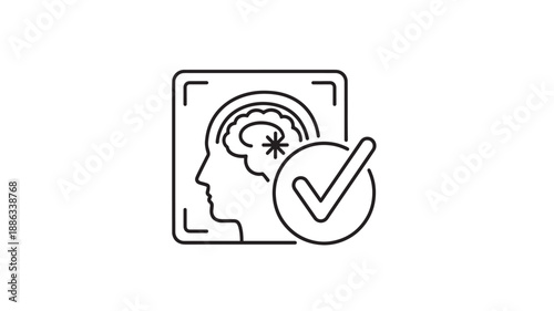 a black and white icon of a human head with a checkmark high quality professional detailed