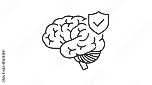 a brain with a shield and checkmark is shown in a simple line drawing style