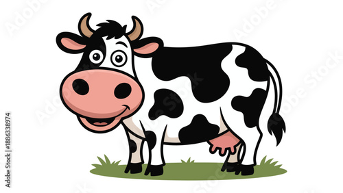 Cartoon Cow in Field: A charming and cheerful cartoon cow stands in a field of green, its distinctive black and white spots and friendly expression creating a sense of playful innocence.