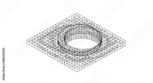Abstract 3D wireframe model of a geometric square base with a central circular element, representing digital design, engineering, and technology concepts on a white background.