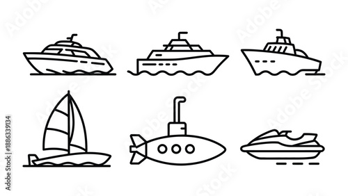 Marine Vehicles Collection: A diverse compilation of maritime vessels, illustrating a variety of watercraft, from sailboats to submarines, perfect for transportation themes. 