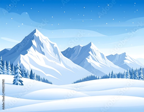 Snowy mountain range with frosted trees. Blue sky and snow covered landscape; peaceful winter scene