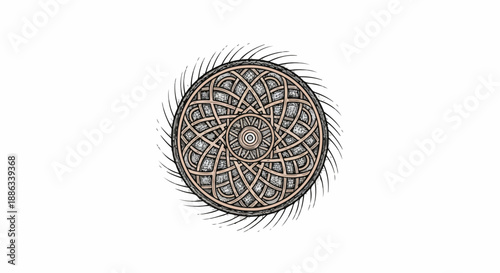 Intricate Celtic knot mandala with radiating spiky border, symmetrical geometric design on white background