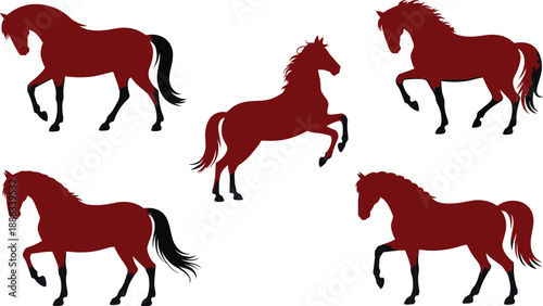 Adobe Illustrator Artwork "Red Horse Silhouettes Collection: Various Poses and Movements"
