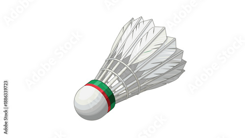 White badminton shuttlecock with red and green bands for sports competition, leisure activity, and professional game.