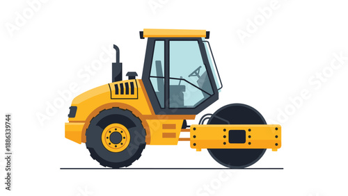 Yellow industrial road roller machine for road construction, asphalt paving, and city infrastructure development concept.