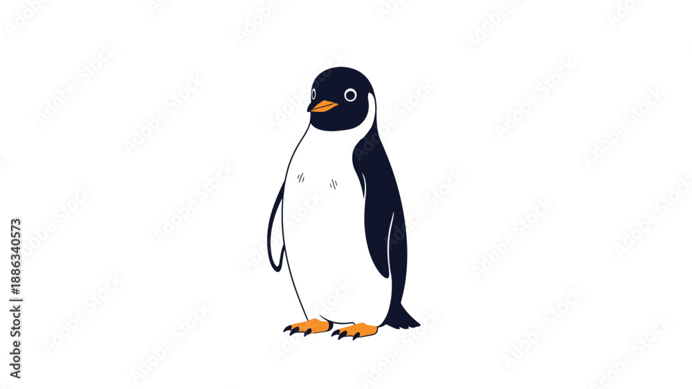 Fototapeta premium Charming black and white penguin stands upright on a white background looking slightly to the side with curiosity.