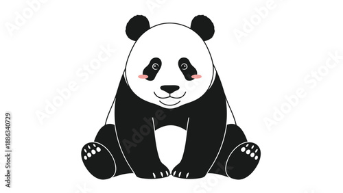 Cute giant panda with rosy cheeks sits comfortably on a white background looking directly at the camera.