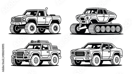 Vector Vehicles Collection: A diverse compilation of detailed vehicle illustrations, from rugged monster trucks to sleek cars.