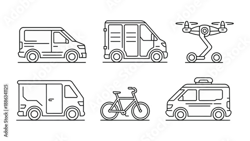 Fleet of Delivery Vehicles: A line-up of modern delivery vehicles and innovative drones, symbolizing the future of logistics and transport.
