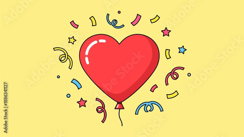 A red heart-shaped balloon surrounded by confetti and stars on a yellow background, symbolizing love and celebration
