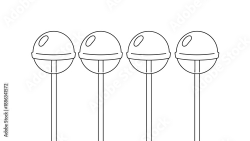 Row of four identical round lollipops on sticks shown in a simple black and white line drawing format.