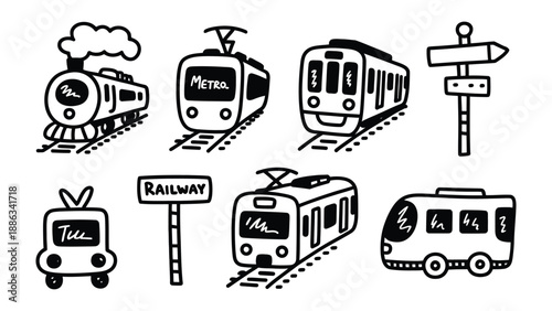 Train Set Doodle: A delightful illustration showcases a set of train variations, capturing the essence of diverse transport in a playful doodle style, perfect for travel or education.