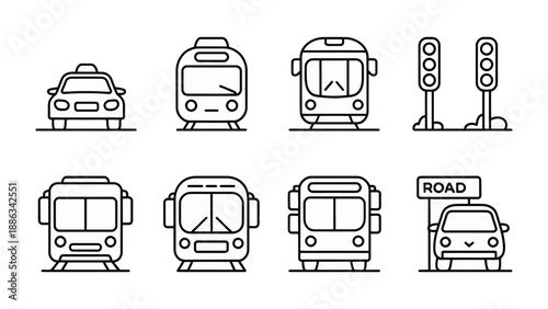 Urban Transit Icons: An array of detailed vector icons showcases various modes of transportation essential to city life.