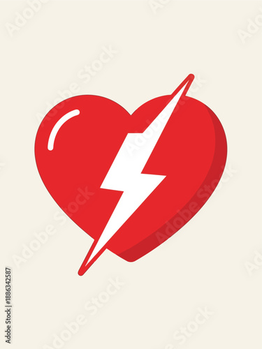 Illustrative vector of a red heart with a white lightning bolt, representing a critical medical emergency, cardiac arrest, or the life-saving concept of defibrillation