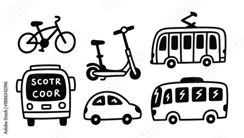 Urban Mobility: Illustration showcasing various forms of city transportation, focusing on eco-friendly options and modern transport modes. 