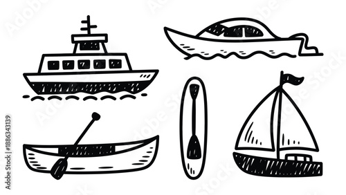 Various Transport Doodle: A playful artistic collection of vessel, featuring a variety of boat doodles, capturing the essence of transportation. 