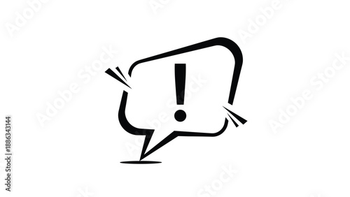 Large black exclamation mark is enclosed within a stylized speech bubble with motion lines to represent urgent communication or news.