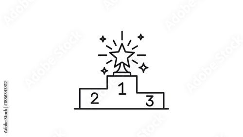 Simple line drawing depicts a sports podium with three ranks and a star trophy on the first place spot to celebrate success and victory.
