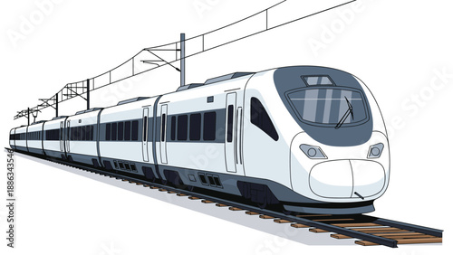 Modern high-speed commuter train is depicted moving along tracks in a clean vector illustration style representing efficient transport.