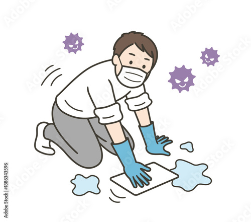 床を雑巾で拭くゴム手袋をつけた男性のイラスト