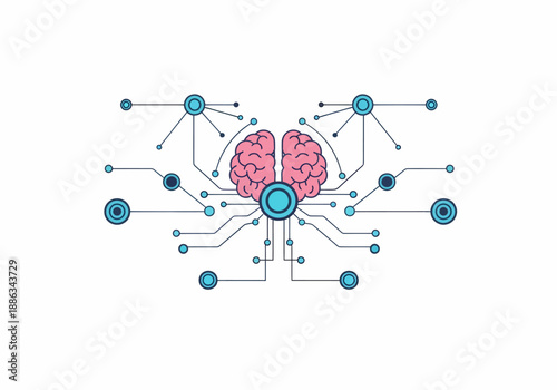 Abstract representation of a human brain connected with a network of circuits and nodes, symbolizing artificial intelligence and cognitive processes