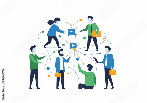 Illustration of a diverse team collaborating and connecting through digital networks and technology, symbolizing teamwork and modern communication