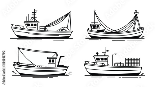 Four Fishing Trawlers Illustration: Four stylized fishing trawlers are presented, each exhibiting distinct structural features, ready to venture out to the deep sea for the daily catch.