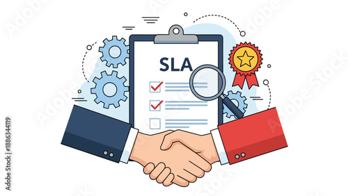 Service Level Agreement concept features a handshake, a checklist labeled SLA, gears, and a merit badge to represent business contracts.