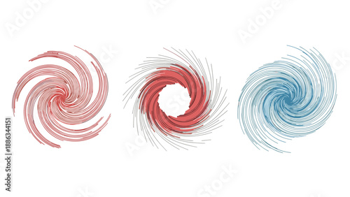 Three dynamic spiral vortexes in shades of red and blue feature a textured line style that suggests rapid motion, rotation, or energy.
