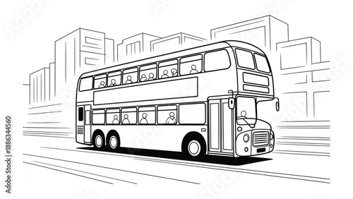 Double-Decker Transit: A detailed line drawing of a classic double-decker bus, navigating a cityscape, ready to transport passengers