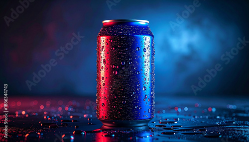 A sleek can stands upright on a wet surface, illuminated by vibrant red and blue lights in a dark, misty environment.