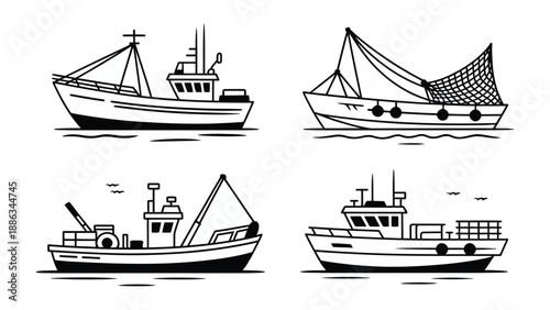 Diverse Fishing Vessel Lineup: Four distinct fishing boats showcase the versatility of the industry's fleet. From trawlers to seiners, the detailed illustration captures the essence of maritime life.