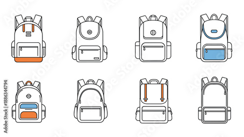 Collection of eight minimalist line art backpack icons with varying designs and color accents for travel, school, and outdoor activities.
